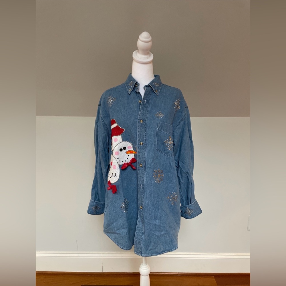 Vintage Basic Editions Snowmen & Glitter Snowflakes Chambray Denim Christmas Top